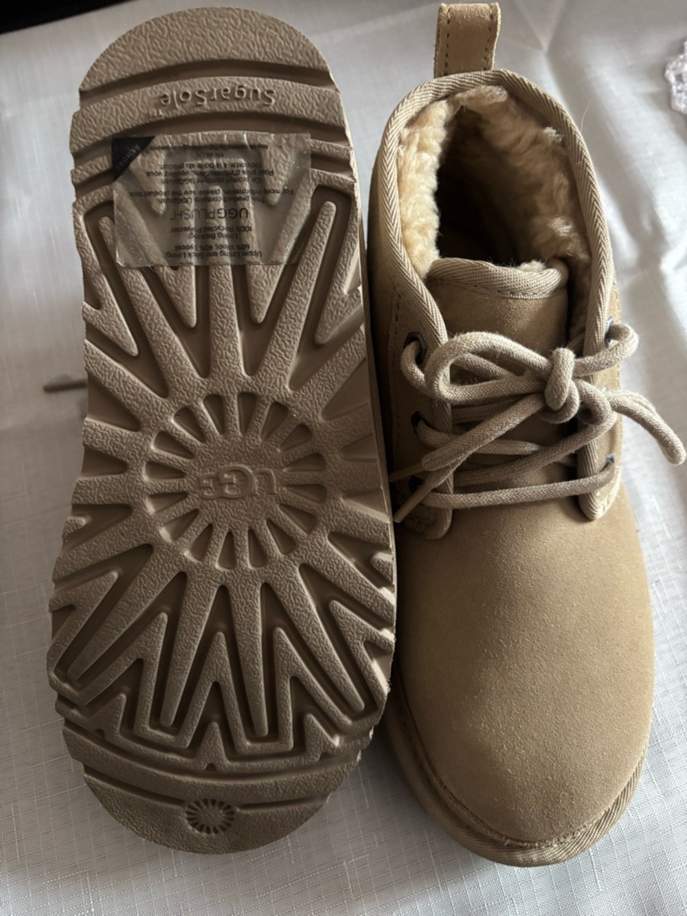 UGG Tan Suede Lace-Up Ankle Booties with Shearling Lining
